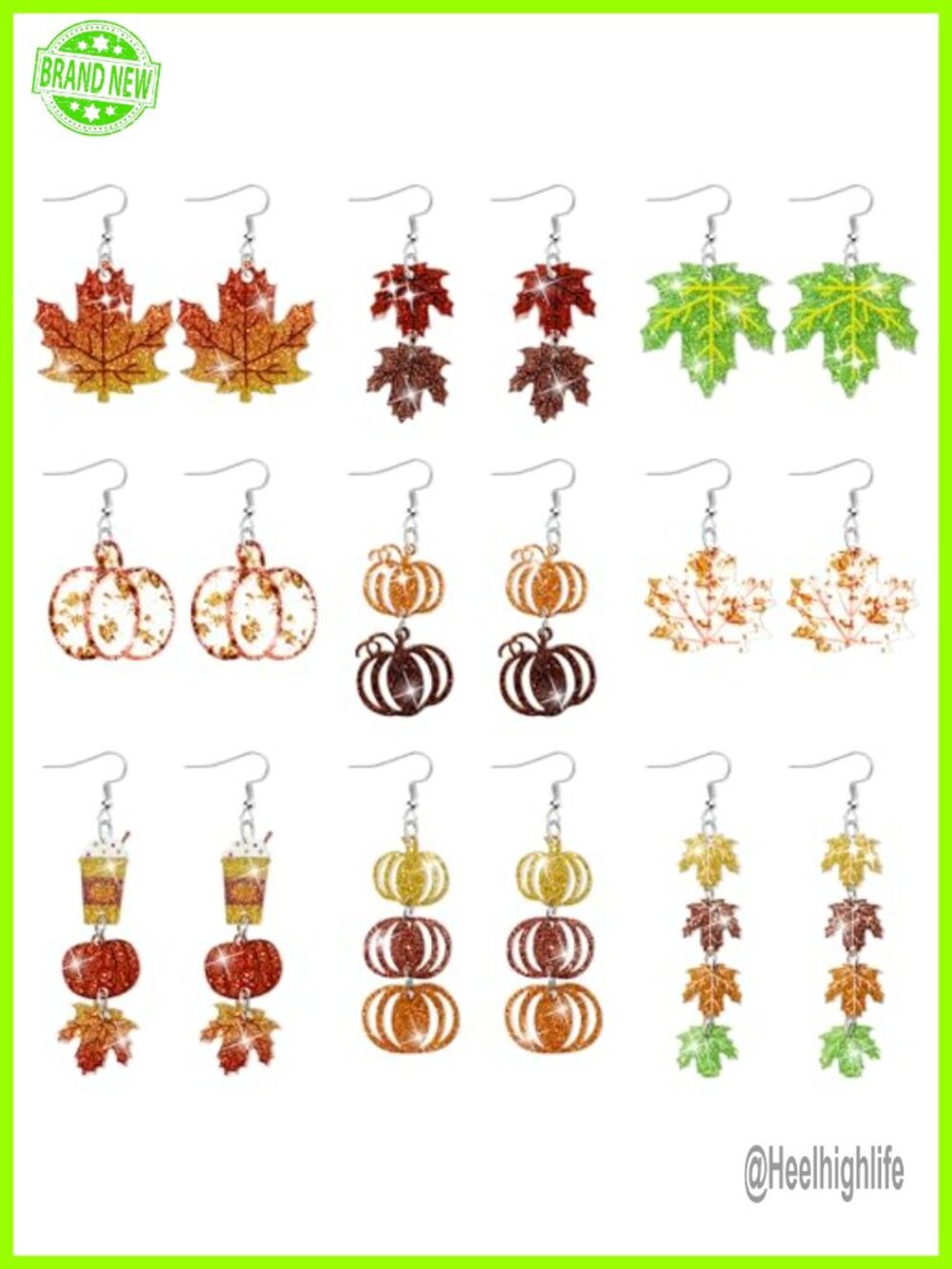 9 Pair Glitter Acrylic Earrings Set Fall Maple Pumpkin Stainless Steel Hooks